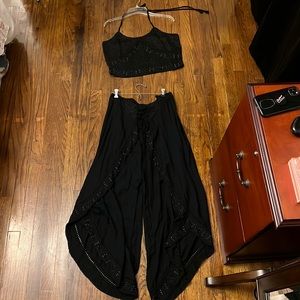 For Sale Matching Set Black bohemian beaded Split wide leg Palazzo pants Size L